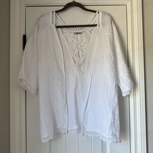 VALENTINA Naldi White Linen Crochet Lace Trim Cover Up
